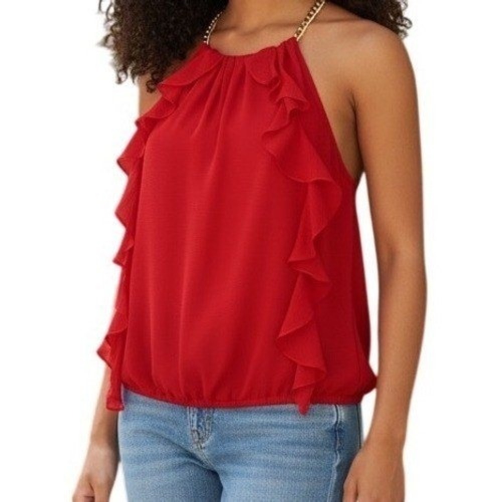🆕 CACHE Lipstick Red Gold Chain Halter Ruffle Sleeveless Blouse EUC Size Medium